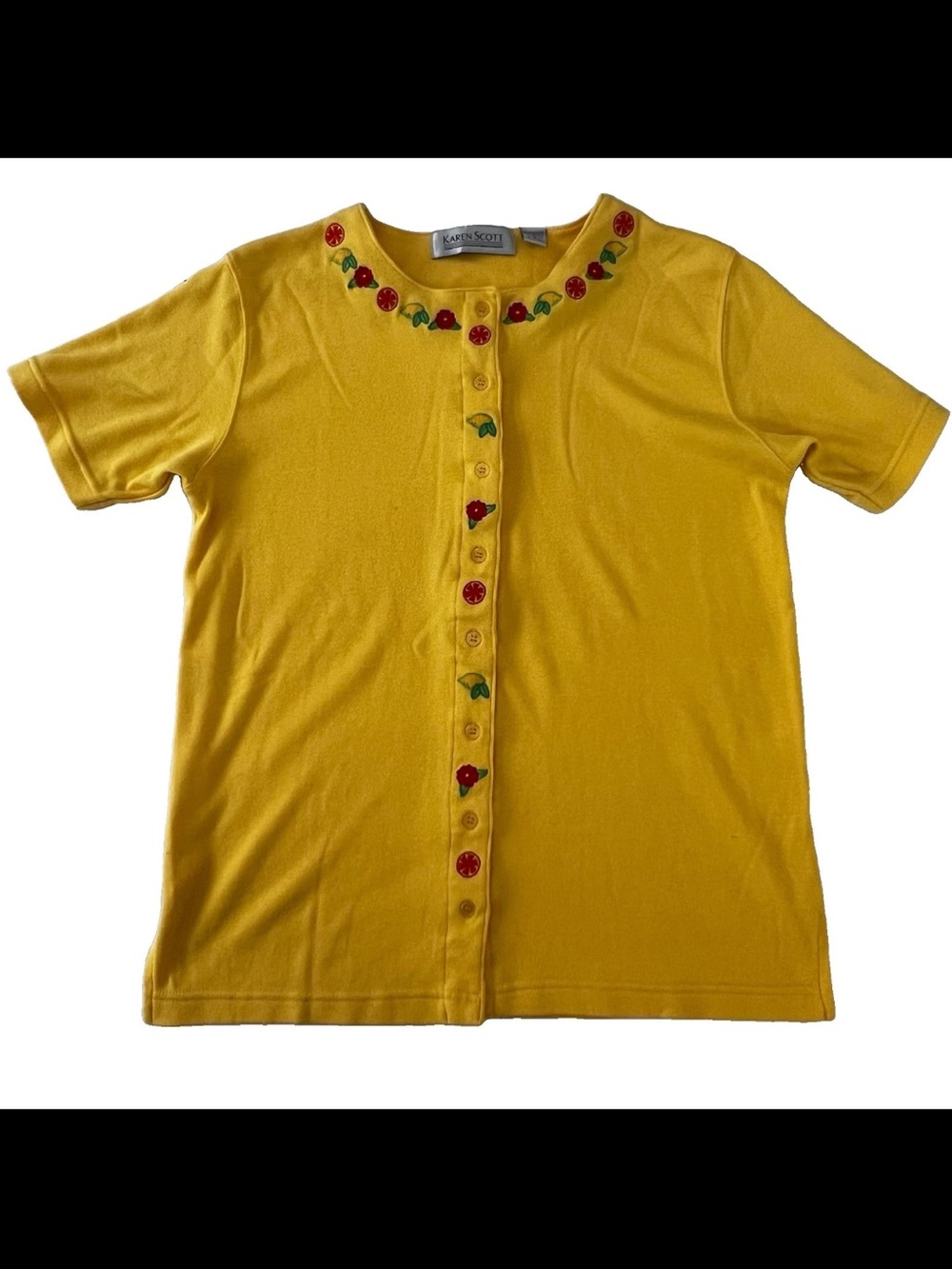 Vintage Karen Scott Short Sleeve Blouse Top S Embroidered Lemon Sunshine Yellow